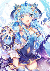 Rule 34 | 1girl, ahoge, blue eyes, blue hair, blush, breasts, cleavage, clothing cutout, cowboy shot, dragon girl, dragon horns, frilled sleeves, frills, hand up, highres, horns, king&#039;s raid, lilia (king&#039;s raid), long hair, long sleeves, looking at viewer, navel, navel cutout, open mouth, outstretched arm, pointy ears, ribbon, sidelocks, small breasts, smile, solo, standing, star (symbol), tail, taya oco, wide sleeves