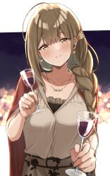 Rule 34 | 1girl, ahoge, blurry, blurry background, blush, braid, breasts, brown eyes, brown hair, cape, cityscape, collarbone, cup, dot nose, drinking glass, earrings, floral print, grey shirt, grey skirt, hair ornament, hair over shoulder, heart, heart earrings, highres, holding, idolmaster, idolmaster shiny colors, jewelry, kuwayama chiyuki, large breasts, long hair, looking at viewer, necklace, night, red cape, red wine, shirt, simple background, single braid, skirt, smile, solo, star (sky), wanimaru, wine, wine glass