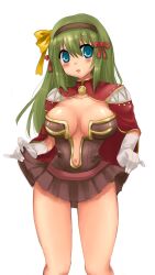 Rule 34 | 1girl, belt, blue eyes, blush, bow, breasts, brown belt, brown dress, brown hairband, cape, commentary request, creator (ragnarok online), curtsey, dress, expressionless, feet out of frame, gloves, green hair, hair between eyes, hair bow, hairband, large breasts, looking at viewer, medium bangs, navel, open mouth, plunging neckline, ragnarok online, red bow, red cape, shiny skin, short dress, simple background, solo, strapless, strapless dress, uzuki kouta, white background, white gloves, yellow bow