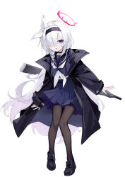 Rule 34 | 1girl, absurdres, arms at sides, black choker, black coat, black eyes, black footwear, black hairband, black sailor collar, blouse, blue archive, blue serafuku, blue shirt, blue skirt, braid, brown pantyhose, choker, coat, commentary request, flat chest, full body, hair over one eye, hairband, halo, highres, loafers, long hair, long sleeves, looking at viewer, maochibuqihuyu, neckerchief, one eye covered, open clothes, open coat, pantyhose, parted lips, pink pupils, plana (blue archive), pleated skirt, sailor collar, school uniform, serafuku, shirt, shoes, side braid, simple background, single braid, skirt, solo, umbrella gun, very long hair, white background, white hair, white neckerchief