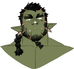 Rule 34 | 1boy, absurdres, bara, beard, black hair, colored skin, cropped shoulders, facial hair, fangs, green skin, highres, male focus, mature male, monster boy, muscular, muscular male, nudo (nu nudo do), orc, original, pectorals, pointy ears, scar, scar on face, short hair, solo, thick eyebrows, upper body, white background