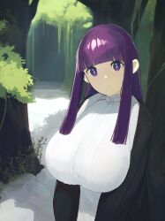 Rule 34 | 1girl, black coat, blunt bangs, breasts, closed mouth, coat, day, dress, fern (sousou no frieren), forest, highres, huge breasts, long hair, looking at viewer, nature, open clothes, open coat, outdoors, purple eyes, purple hair, sidelocks, snorkel14, solo, sousou no frieren, tree, upper body, white dress