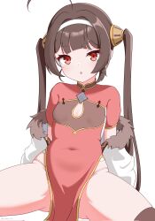Rule 34 | 1girl, ahoge, azur lane, breasts, brown hair, china dress, chinese clothes, cleavage cutout, clothing cutout, covered navel, dress, fur-trimmed jacket, fur trim, hairband, highres, jacket, long hair, looking at viewer, panties, parted lips, pelvic curtain, ping hai (azur lane), red eyes, short sleeves, simple background, sitting, slumpa, small breasts, solo, spread legs, twintails, twitter username, underwear, white background, white hairband, white jacket, white panties