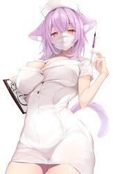 Rule 34 | 1girl, animal ears, breasts, buttons, cat ears, cat girl, cat tail, cleavage, clipboard, commentary, cowboy shot, hair between eyes, hair intakes, hat, highres, holding, holding syringe, hololive, karatakewari, large breasts, looking at viewer, mask, medium hair, mouth mask, nekomata okayu, nurse, nurse cap, purple eyes, purple hair, short sleeves, simple background, skindentation, solo, surgical mask, syringe, tail, tight clothes, virtual youtuber, white background