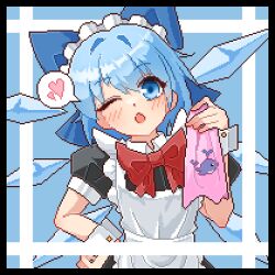 Rule 34 | 1girl, alternate costume, blue background, blue bow, blue eyes, blue hair, bow, bowtie, cirno, commentary, eaglov, hair bow, heart, looking at viewer, maid, maid headdress, one eye closed, open mouth, pixel art, red bow, red bowtie, short hair, short sleeves, solo, spoken heart, touhou, upper body, wrist cuffs