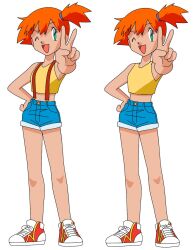 Rule 34 | artist request, blue eyes, creatures (company), game freak, highres, misty (pokemon), nintendo, one eye closed, open mouth, orange hair, pokemon, pokemon (anime), pokemon (classic anime), shorts, solo, source request, suspenders, victory pose, wink