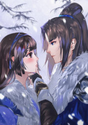 1boy 1girl absurdres arm_wrap armor bad_id bad_pixiv_id black_hair blue_eyes blunt_bangs blurry blurry_background blush brown_eyes character_request couple depth_of_field eye_contact fingerless_gloves from_side fur_trim gloves hairband hand_on_another&#039;s_chin hetero highres hime_cut long_hair looking_at_another moonlight_blade parted_lips ponytail profile shoulder_armor snow tree vardan winter