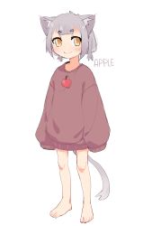 Rule 34 | absurdres, animal ears, apple (eds), barefoot, cat ears, cat tail, character name, eds, feet, full body, grey hair, highres, looking at viewer, low twintails, original, short eyebrows, short twintails, simple background, sleeves past wrists, smile, tail, toes, twintails, white background