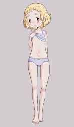 Rule 34 | 1girl, absurdres, bare arms, bare shoulders, barefoot, blonde hair, blush, bow, bow panties, bra, bra lift, collarbone, full body, grey background, highres, leims (urje8584), looking at viewer, navel, original, panties, parted lips, short eyebrows, simple background, solo, standing, thigh gap, underwear