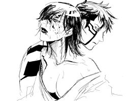 1boy 1girl aradia_(megami_tensei) body_markings breasts cleavage closed_mouth collarbone demi-fiend facial_tattoo greyscale highres lipstick makeup monochrome open_mouth shin_megami_tensei shin_megami_tensei_iii:_nocturne short_hair sketch smeared_lipstick takao_yuko tattoo teacher_and_student temple_paradise unbuttoned