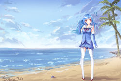 Rule 34 | 1girl, ?, absurdres, beach, blue gloves, blue hair, blush, breasts, collarbone, day, elbow gloves, gloves, highres, large breasts, long hair, looking at viewer, pantyhose, quincy (warship girls r), red eyes, snow (676528662), solo, warship girls r, white pantyhose
