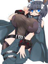 Rule 34 | 1girl, absurdres, alternate costume, animal ears, belt, black-framed eyewear, black hair, black thighhighs, braid, braided ponytail, breasts, cloak, commission, crown braid, ear ornament, glasses, god eater, god eater 3, highres, horse ears, horse girl, horse tail, large breasts, leotard, looking at viewer, open mouth, orca12, pixiv commission, solo, tail, terui haruka, thighhighs, umamusume, voice actor connection, zenno rob roy (umamusume)