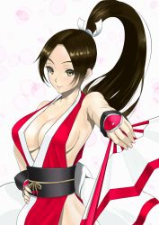 Rule 34 | 1girl, anagumasan, bare shoulders, breasts, brown eyes, brown hair, cleavage, closed mouth, collarbone, commentary request, fatal fury, fingernails, hand fan, hand on own hip, highres, holding, holding fan, japanese clothes, large breasts, lisp, long hair, looking at viewer, ninja, polka dot, polka dot background, ponytail, revealing clothes, shiranui mai, simple background, smile, snk, solo, the king of fighters, upper body