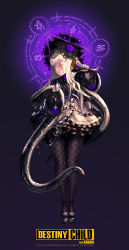 Rule 34 | 1girl, black nails, black thighhighs, chalice, cross, cross necklace, cross tattoo, cup, destiny child, dress, drink, earrings, facial tattoo, fishnets, flat chest, flower, frilled dress, frilled sleeves, frills, full body, gothic lolita, grey background, hair flower, hair ornament, highres, holding, holding cup, hyulla, jewelry, lolita fashion, long hair, long legs, looking to the side, magic circle, nail polish, necklace, nose, official art, orange eyes, platform footwear, pouring, purple flower, purple rose, rita (destiny child), rose, solo, spilling, tattoo, thighhighs, veil, water drop, white hair, wide sleeves