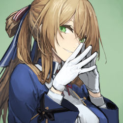 Rule 34 | 1girl, banned artist, blue jacket, breasts, girls&#039; frontline, gloves, green background, green eyes, hair between eyes, hair ribbon, hair rings, highres, jacket, long hair, long sleeves, looking at viewer, mikoto (oi plus), parted lips, ponytail, ribbon, simple background, solo, springfield (girls&#039; frontline), steepled fingers, upper body, white gloves