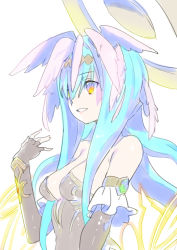 Rule 34 | 1girl, ars nova (p&amp;d), blue hair, breasts, circlet, cleavage, enkyo yuuichirou, feathered wings, halo, head wings, long hair, puzzle &amp; dragons, simple background, solo, white background, wings, yellow eyes
