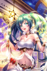 Rule 34 | 1girl, armlet, blush, bracelet, breasts, collarbone, green eyes, green hair, hatsune miku, jewelry, long hair, looking at viewer, medium breasts, musical note, navel, number tattoo, open mouth, sky, solo, star (symbol), strapless, tattoo, tube top, twintails, uni (uniuni5), very long hair, vocaloid