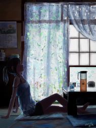 Rule 34 | 1girl, arm support, backlighting, barefoot, black hair, calendar (object), camisole, commentary, cup, curtains, cushion, dark, dated, drinking glass, flyswatter, highres, ice, indoors, leaning back, long hair, looking up, original, pitcher (container), ponytail, profile, scenery, shorts, signature, sitting, solo, strap slip, summer, sunlight, table, tatami, tea, water heater, window, yakikoke