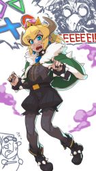 Rule 34 | 1boy, arched back, belt, black legwear, black nails, blonde hair, blue gemstone, boots, bowsette, bracelet, cape, capelet, center frills, chibi, chibi inset, earrings, fingernails, frills, gem, genderswap, genderswap (ftm), green cape, green capelet, high-waist shorts, high belt, high ponytail, highres, horns, jewelry, kamek, kuroino (0kuro8ino6), long hair, male focus, mario (series), nail polish, new super mario bros. u deluxe, nintendo, open mouth, pantyhose, pantyhose under shorts, pointy ears, puffy shorts, sharp fingernails, sharp teeth, shirt tucked in, shorts, simple background, smoke, spiked bracelet, spiked cape, spikes, super crown, sweatdrop, teeth, text background, transformation, white background