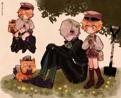 Rule 34 | 2boys, aged down, alternate costume, andrew kreiss, artist name, bags under eyes, blonde hair, capelet, carrying, child, crying, crying with eyes open, dog, expressionless, flower, green neckwear, hair over one eye, hat, head wreath, highres, identity v, legwear garter, long sleeves, male focus, multiple boys, multiple views, necktie, on grass, on ground, piggyback, purple flower, red eyes, scar, scar on face, short hair, shorts, shovel, signature, sitting, smile, socks, striped clothes, striped legwear, striped socks, symbol-shaped pupils, tears, tendenbarabara, twitter username, vertical-striped clothes, vertical-striped legwear, vertical-striped socks, vest, victor grantz, white hair, wick (identity v), x-shaped pupils, yellow eyes