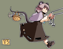 Rule 34 | 1girl, animal ears, basket, cheese, epurasu, female focus, food, full body, grey hair, jewelry, mouse (animal), mouse ears, mouse tail, nazrin, pendant, red eyes, short hair, simple background, solo, tail, touhou