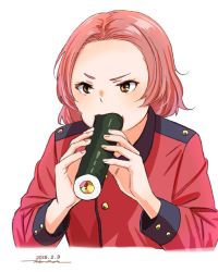 Rule 34 | 1girl, artist name, brown eyes, commentary, cropped torso, dated, ehoumaki, epaulettes, food, food in mouth, girls und panzer, holding, holding food, horikou, jacket, long sleeves, makizushi, military, military uniform, one-hour drawing challenge, red hair, red jacket, rosehip (girls und panzer), short hair, signature, simple background, solo, st. gloriana&#039;s military uniform, sushi, uniform, upper body, white background