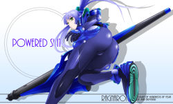 Rule 34 | 1girl, armor, ass, blue hair, bodysuit, expressionless, from behind, from below, gatakk, gloves, gradient background, green eyes, highres, long hair, mecha musume, original, shiny clothes, solo, twintails, weapon