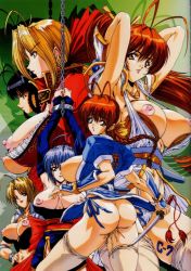 Rule 34 | 5girls, aoki reimu, ass, ayane (doa), blonde hair, blue hair, breasts, chain, cum, dead or alive, helena douglas, huge breasts, kasumi (doa), knife, large breasts, lei fang, multiple girls, nipples, open clothes, orange hair, pelvic curtain, pussy juice, tecmo, thighhighs, tina armstrong