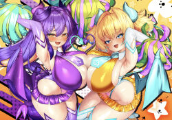 Rule 34 | + +, 2girls, :d, armpits, arms up, blonde hair, blue eyes, blush, bombergirl, breast press, breasts, cheerleader, colored tips, demon girl, demon tail, demon wings, detached collar, fang, hair intakes, heart, heart-shaped pupils, highres, horns, huge breasts, long hair, microskirt, multicolored hair, multiple girls, necktie, open mouth, oppai loli, pine (bombergirl), pom pom (cheerleading), prune (bombergirl), pubic tattoo, purple hair, purple thighhighs, short hair, skirt, smile, smug, sweat, symbol-shaped pupils, symmetrical docking, tail, tattoo, thick thighs, thighhighs, thighs, twintails, very long hair, wanyuudou (fwen5284), white thighhighs, wings, yellow eyes