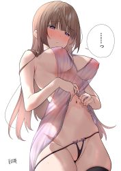 Rule 34 | 1girl, babydoll, black panties, black thighhighs, blunt bangs, blush, breasts, brown hair, clothes lift, covered erect nipples, cowboy shot, embarrassed, highres, karinto yamada, large breasts, lingerie, long hair, looking down, navel, negligee, nipples, nose blush, original, panties, purple eyes, revealing clothes, see-through, shirt lift, simple background, solo, speech bubble, sweat, thighhighs, thighs, thong, underwear, white background