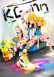 Rule 34 | 1boy, 1girl, ;o, acronym, ankle strap, arm around neck, arrow through heart, ascot, asymmetrical footwear, banana, bandaid, bandaid on arm, bandaid on face, bandaid on forehead, bandaid on knee, bandaid on leg, bandaid on nose, barefoot, bass clef, blonde hair, blouse, blue eyes, blue neckwear, bow, brother and sister, crypton future media, food, foreshortening, fruit, grin, hair bow, hair ornament, hairclip, highres, hug, kagamine len, kagamine rin, logo, looking at viewer, necktie, one eye closed, open mouth, oyamada gamata, paint splatter, sailor collar, shirt, shoes, shorts, siblings, sitting, sleeveless, sleeveless shirt, smile, sneakers, sticker, tie clip, treble clef, twins, urban, vocaloid
