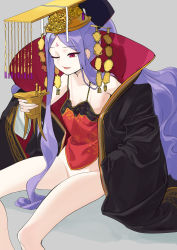 Rule 34 | 1girl, absurdres, bare shoulders, black robe, camisole, chinese clothes, crown, cup, facial mark, fate/grand order, fate (series), feet out of frame, flat chest, forehead mark, gold trim, grey background, guan hat, hair ornament, hair stick, hanfu, highres, holding, holding cup, kaede (shijie heping), long hair, mian guan, one eye closed, parted bangs, parted lips, ponytail, purple hair, red eyes, robe, sidelocks, simple background, sitting, solo, very long hair, wide sleeves, wu zetian (fate)