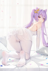 Rule 34 | 1girl, all fours, ass, bare shoulders, blush, closed mouth, double bun, feet, from behind, full body, genshin impact, hair bun, hair ornament, highres, keqing (genshin impact), long hair, looking at viewer, looking back, muq, panties, panties under pantyhose, pantyhose, petals, pillow, purple eyes, purple hair, see-through, see-through skirt, skirt, soles, solo, thighs, twintails, underwear, white pantyhose