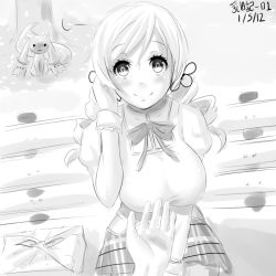 Rule 34 | 10s, 1girl, bench, bento, blush, breasts, checkered clothes, checkered skirt, drill hair, eyelashes, greyscale, hand in own hair, kyubey, large breasts, magister, mahou shoujo madoka magica, mahou shoujo madoka magica (anime), monochrome, outstretched hand, pantyhose, school uniform, sitting, skirt, tomoe mami, twin drills, twintails