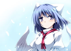 Rule 34 | 1girl, angel wings, blue eyes, blue hair, blue sky, bow, feathers, hair bow, hemogurobin a1c, looking at viewer, mai (touhou), matching hair/eyes, neckerchief, puffy sleeves, sky, smile, solo, touhou, touhou (pc-98), upper body, wings