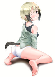 Rule 34 | 1girl, bare legs, barefoot, between legs, black hair, black sports bra, blonde hair, blue eyes, dog tail, erica hartmann, from behind, full body, grey shirt, grin, hand between legs, kneeling, looking at viewer, looking back, multicolored hair, off shoulder, one eye closed, open clothes, open shirt, panties, shirt, short hair, simple background, smile, soles, solo, sports bra, strike witches, tail, taros illust, two-tone hair, underwear, white background, white panties, world witches series