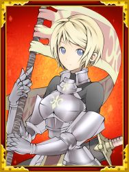 Rule 34 | 1girl, armor, bad id, bad pixiv id, blonde hair, blue eyes, flag, highres, jeanne d&#039;arc (sengoku collection), kanten (kanten328), looking at viewer, scabbard, sengoku collection, sheath, short hair, solo, sword, weapon