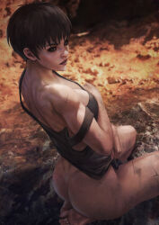 Rule 34 | 1girl, absurdres, ass, berserk, black hair, black tank top, bottomless, breasts, casca (berserk), cave, cleavage, commentary, dark-skinned female, dark skin, english commentary, eyelashes, facial scar, from behind, highres, kneeling, makeup, mascara, medium breasts, monori rogue, naked shirt, no bra, realistic, scar, scar on arm, scar on back, scar on cheek, scar on face, scar on leg, scar on nose, scars all over, self hug, shirt, short hair, soles, solo, tank top, tomboy, too many, scars all over, turning head