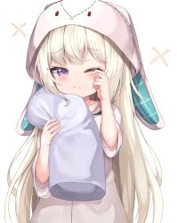 Rule 34 | 1girl, animal hood, arm up, blonde hair, blouse, blush, closed mouth, commentary request, fang, hand up, highres, holding, holding pillow, hood, long hair, long sleeves, looking at viewer, mannack, maplestory, one eye closed, orchid (maplestory), pillow, purple eyes, rabbit hood, shirt, simple background, skin fang, sleepy, solo, tears, upper body, white background, white shirt, wide sleeves