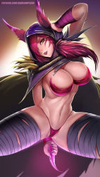 Rule 34 | 1girl, arm up, badcompzero, breasts, cleavage, feathers, hood, large breasts, league of legends, long hair, looking at viewer, navel, parted lips, pink hair, smile, solo, spread legs, thighs, xayah, yellow eyes
