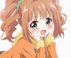 Rule 34 | 1girl, :d, blue eyes, blush, brown hair, brown jacket, drawstring, green scrunchie, grey background, hair ornament, hair scrunchie, hands on own face, hands up, hood, hood down, hooded jacket, idolmaster, idolmaster (classic), jacket, long hair, long sleeves, looking at viewer, open mouth, scrunchie, sidelocks, simple background, sincos, smile, solo, takatsuki yayoi, twintails