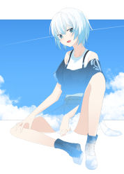 Rule 34 | 1girl, asteroid ill, bad id, bad pixiv id, blue eyes, blush, boots, collarbone, full body, highres, looking at viewer, original, parted lips, short hair, sitting, smile, solo, white hair