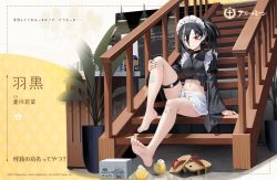 Rule 34 | 1girl, arm support, artist request, azur lane, bandaid, bandaid on knee, bandaid on leg, barefoot, black hair, closed mouth, commentary request, food, haguro (a blessing in disguise?) (azur lane), haguro (azur lane), hair ornament, hairclip, looking at viewer, maid, maid headdress, manjuu (azur lane), multicolored hair, nail polish, navel, official alternate costume, official art, promotional art, red eyes, sitting, skirt, streaked hair, thigh strap, white hair