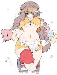 Rule 34 | 1girl, :3, animal ears, animal hands, apron, bone-shaped pupils, bone hair ornament, braid, breasts, cartoon bone, dog ears, dog girl, dog tail, doggy god&#039;s street, english text, gloves, hair ornament, hands up, highres, hololive, inugami korone, kuma no bansoukou, large breasts, long hair, looking at viewer, low twin braids, navel, on one knee, paw gloves, red socks, red thighhighs, revealing clothes, roller skates, simple background, single thighhigh, skates, smile, socks, solo, sweat, symbol-shaped pupils, tail, thighhighs, twin braids, virtual youtuber, visor cap, waist apron, white apron, white background