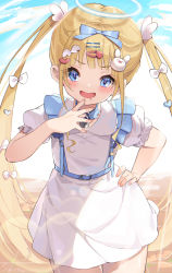 Rule 34 | 1girl, bad id, bad pixiv id, blonde hair, blue bow, blue choker, blue eyes, blush, bow, choker, commentary request, cowboy shot, dress, eyes visible through hair, food-themed hair ornament, hair bow, hair ornament, hairpin, halo, hand on own hip, hand to own mouth, hand up, heart, heart hair ornament, highres, koyubita, lock, long hair, looking at viewer, open mouth, original, rabbit hair ornament, saliva, short sleeves, signature, simple background, smile, solo, standing, strawberry hair ornament, twintails, very long hair, white bow, white dress