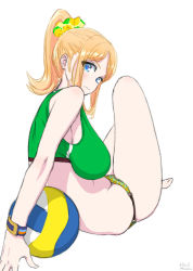 Rule 34 | 10s, 1girl, ball, bare shoulders, barefoot, blonde hair, blue eyes, breasts, hair ornament, hair scrunchie, hajimanabu, harukana receive, holding, holding ball, large breasts, long hair, looking at viewer, parted bangs, ponytail, sagging breasts, scrunchie, simple background, sitting, sleeveless, solo, thomas claire, volleyball (object), white background
