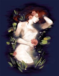 Rule 34 | 1girl, artist name, breasts, brown eyes, chloe ezra, dress, flower, hair flower, hair ornament, highres, holding, holding flower, lily pad, long hair, original, partially submerged, plant, red hair, sideboob, solo, white dress