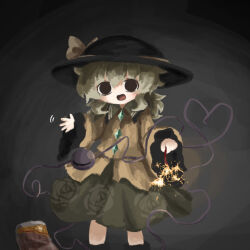 Rule 34 | 1girl, black footwear, black hat, boots, bow, buttons, collared shirt, diamond button, eyeball, feet out of frame, floral print, frilled shirt collar, frilled sleeves, frills, green skirt, hands up, hat, hat bow, hat ribbon, heart, heart of string, heripantomorrow, komeiji koishi, light green hair, long sleeves, looking at viewer, medium hair, open mouth, ribbon, rose print, shirt, skirt, smile, solo, standing, third eye, touhou, wavy hair, wide sleeves, yellow bow, yellow ribbon, yellow shirt