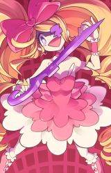 Rule 34 | 10s, 1girl, bad id, bad pixiv id, bare shoulders, big hair, blonde hair, boots, bow, breasts, cleavage, dress, drill hair, earrings, eyepatch, hair bow, harime nui, jewelry, kill la kill, long hair, open mouth, pink bow, pink footwear, pokoten (pokoten718), purple eyes, scissor blade (kill la kill), smile, solo, star-shaped pupils, star (symbol), strapless, strapless dress, symbol-shaped pupils, twin drills, twintails, wrist cuffs