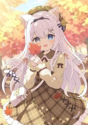 Rule 34 | 1girl, angel wings, animal ear fluff, animal ears, autumn, bag, blue eyes, blurry, blush, bow, braid, cat ears, cat girl, cat tail, checkered clothes, checkered dress, collar, commission, depth of field, dress, forest, frills, grey eyes, hair bow, hair ornament, hairclip, heterochromia, highres, holding, holding leaf, leaf, light rays, long hair, long sleeves, looking at viewer, nature, open mouth, original, outdoors, pinafore dress, ribbon, skeb commission, sleeveless, sleeveless dress, solo, sunbeam, sunlight, tail, tail bow, tail ornament, tail ribbon, twin braids, tyomimas, white hair, wings